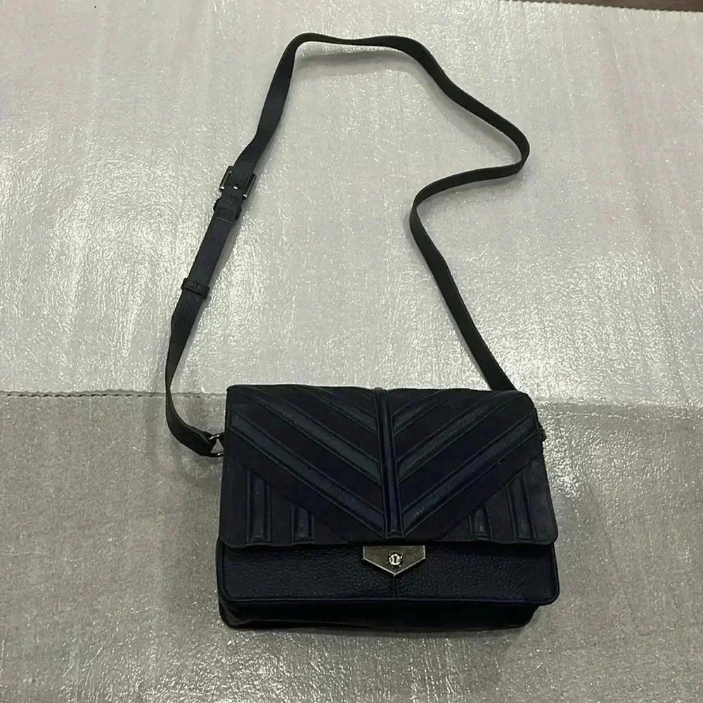 Aimee Kestenberg Blue Pebble Leather Suede Crossbody Handbag magnet closure